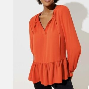 LOFT. Women's Orange. Tie Front Peplum Top. Size Medium. Rayon.